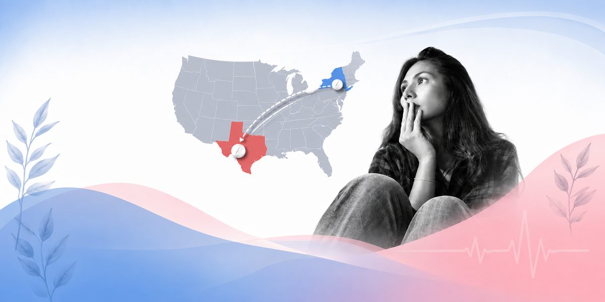 Map showing abortion pills shipped from a shield-law state into a pro-life state